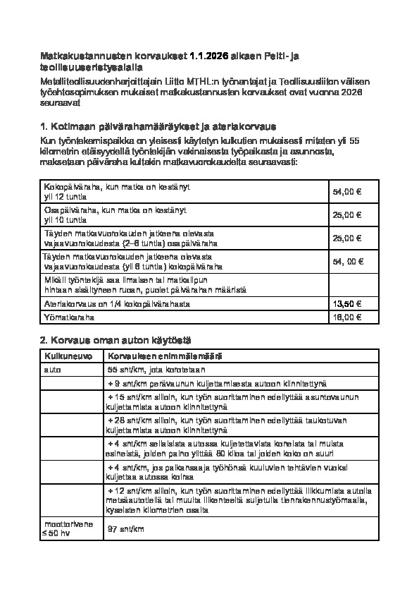 Matkakustannusten korvaukset 1.1.2026 alkaen pelti- ja teollisuuseristysalalla